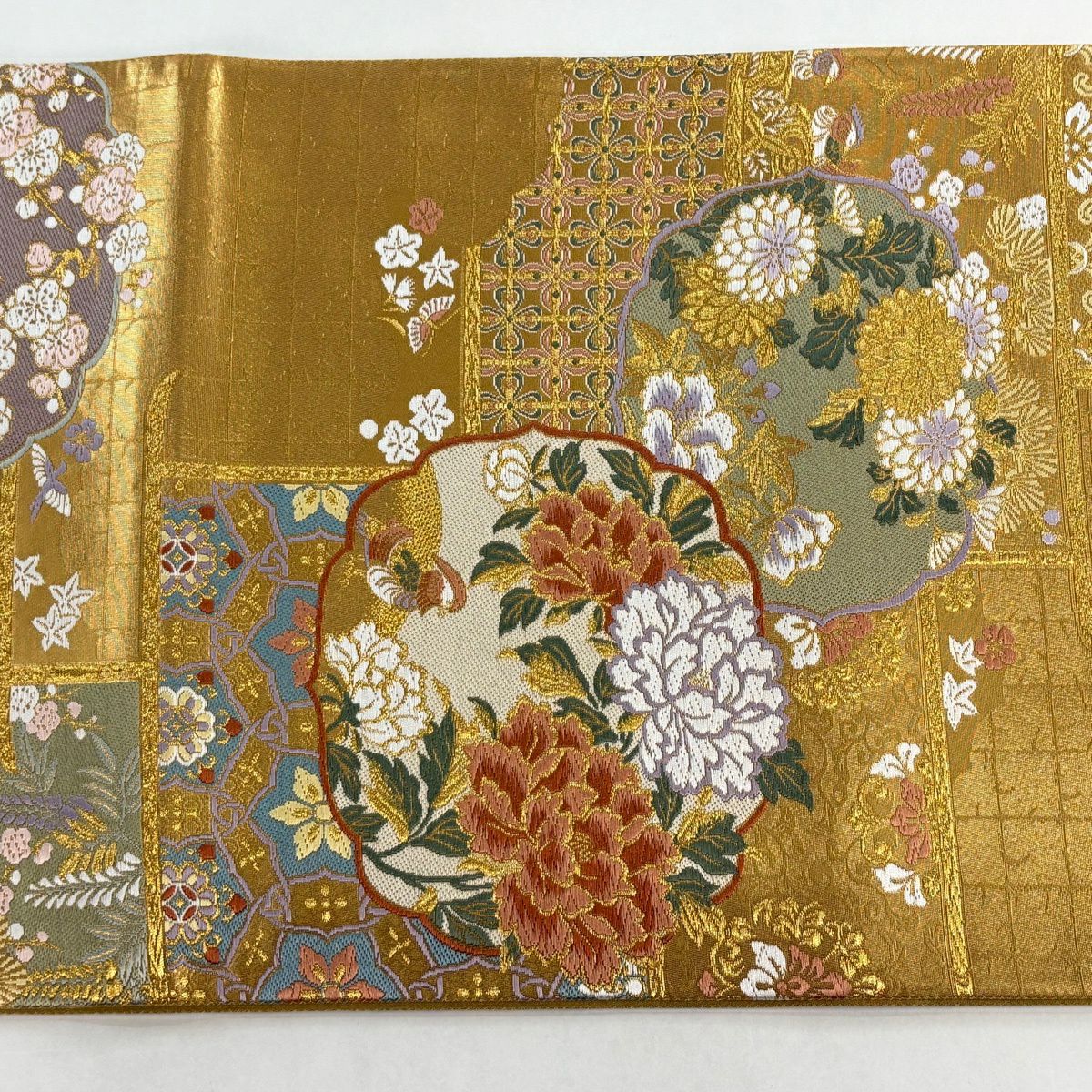 【美品】 袋帶 逸品級 有落款 有證書 市田弘美 牡丹 鴛鴦 金絲 金金箔 金色 六通 純蠶絲