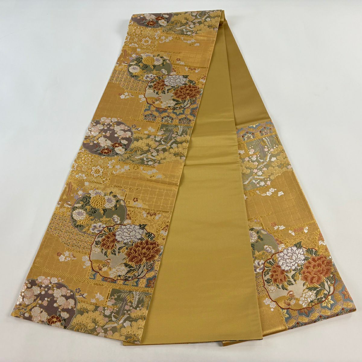 【美品】 袋帶 逸品級 有落款 有證書 市田弘美 牡丹 鴛鴦 金絲 金金箔 金色 六通 純蠶絲