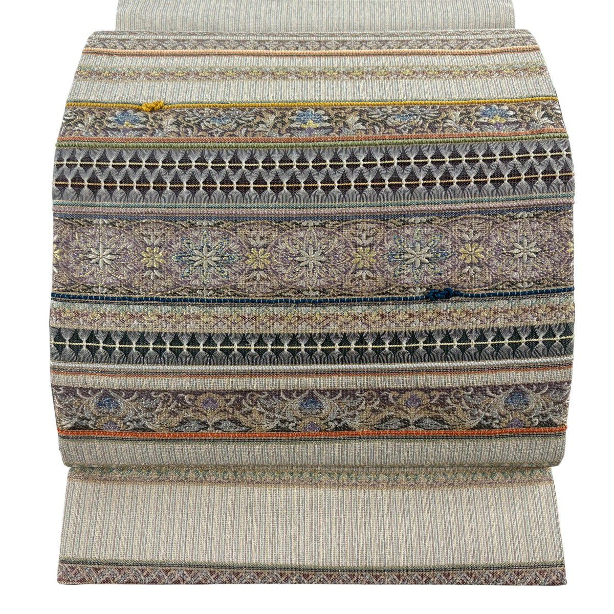 【美品】 袋帶 逸品級 讓帶 雙面 華紋 段紋 金銀線 刺繡 灰紫 大鼓圖案 純蠶絲