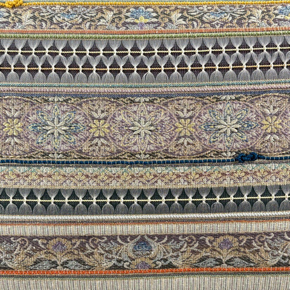 【美品】 袋帶 逸品級 讓帶 雙面 華紋 段紋 金銀線 刺繡 灰紫 大鼓圖案 純蠶絲
