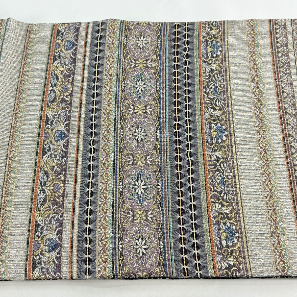 【美品】 袋帶 逸品級 讓帶 雙面 華紋 段紋 金銀線 刺繡 灰紫 大鼓圖案 純蠶絲