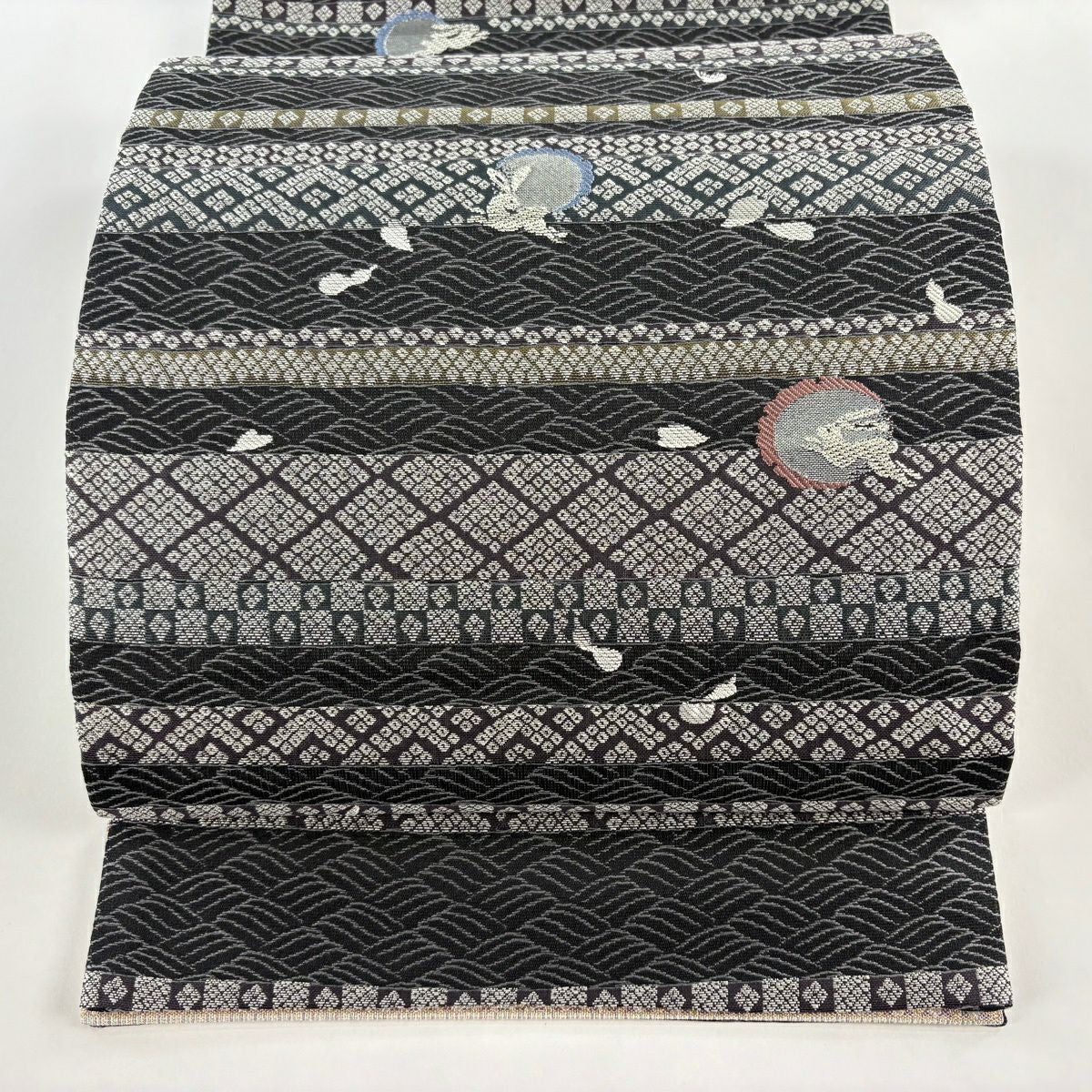 【美品】 袋帶 逸品級 讓帶 雙面 華紋 段紋 金銀線 刺繡 灰紫 大鼓圖案 純蠶絲