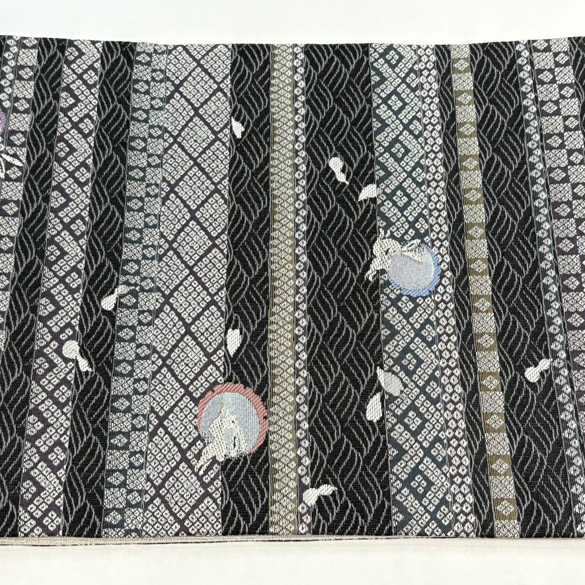 【美品】 袋帶 逸品級 讓帶 雙面 華紋 段紋 金銀線 刺繡 灰紫 大鼓圖案 純蠶絲