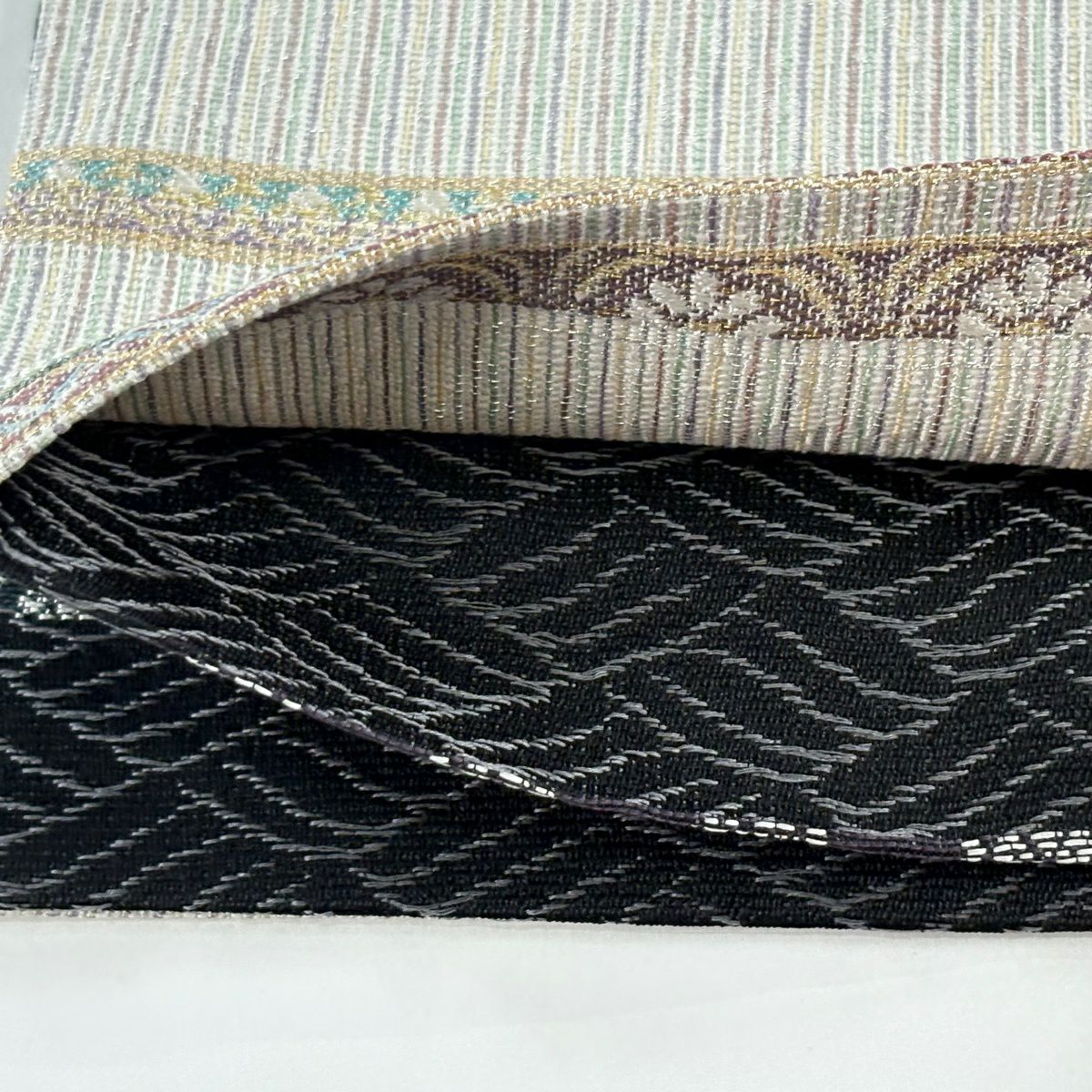 【美品】 袋帶 逸品級 讓帶 雙面 華紋 段紋 金銀線 刺繡 灰紫 大鼓圖案 純蠶絲