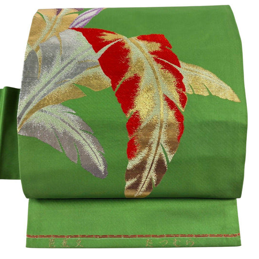 【美品】 名古屋帶 逸品級 龍村美術織物 附落款 芭蕉文 葉柄 金金箔 黃綠 純蠶絲