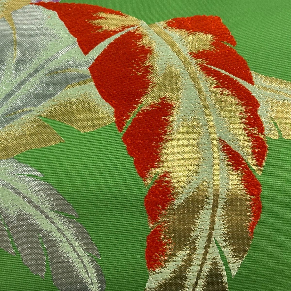 【美品】 名古屋帶 逸品級 龍村美術織物 附落款 芭蕉文 葉柄 金金箔 黃綠 純蠶絲