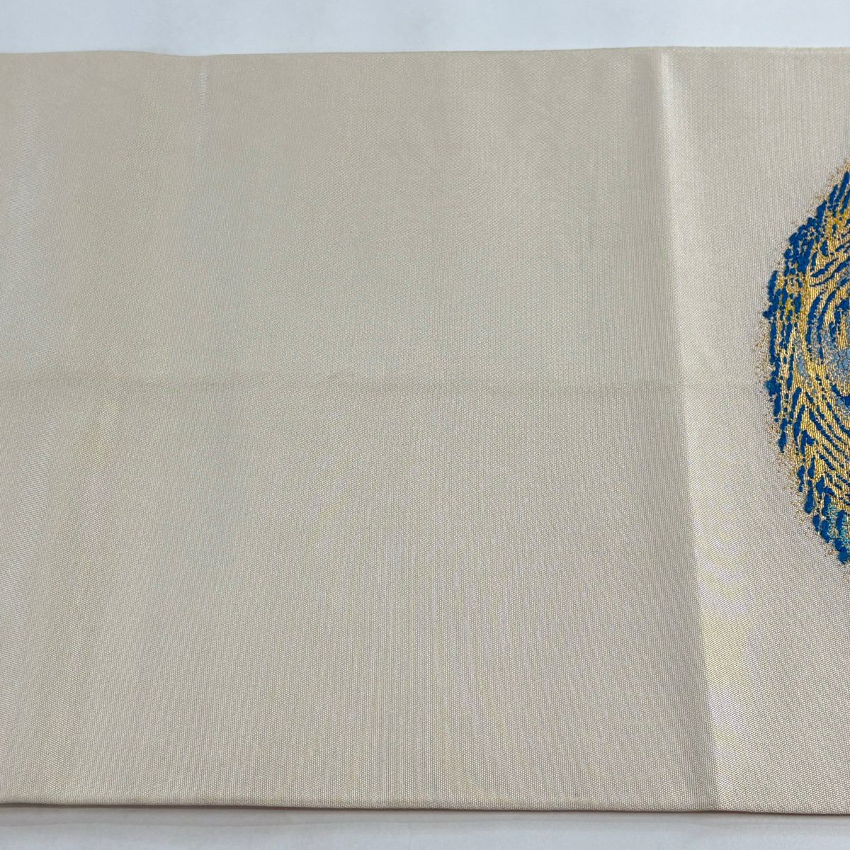 袋帶 逸品級 附有落款 龍村光翔 關西仕立 雙層 水月盆 金絲 金金箔 奶油色 大鼓圖案 純蠶絲