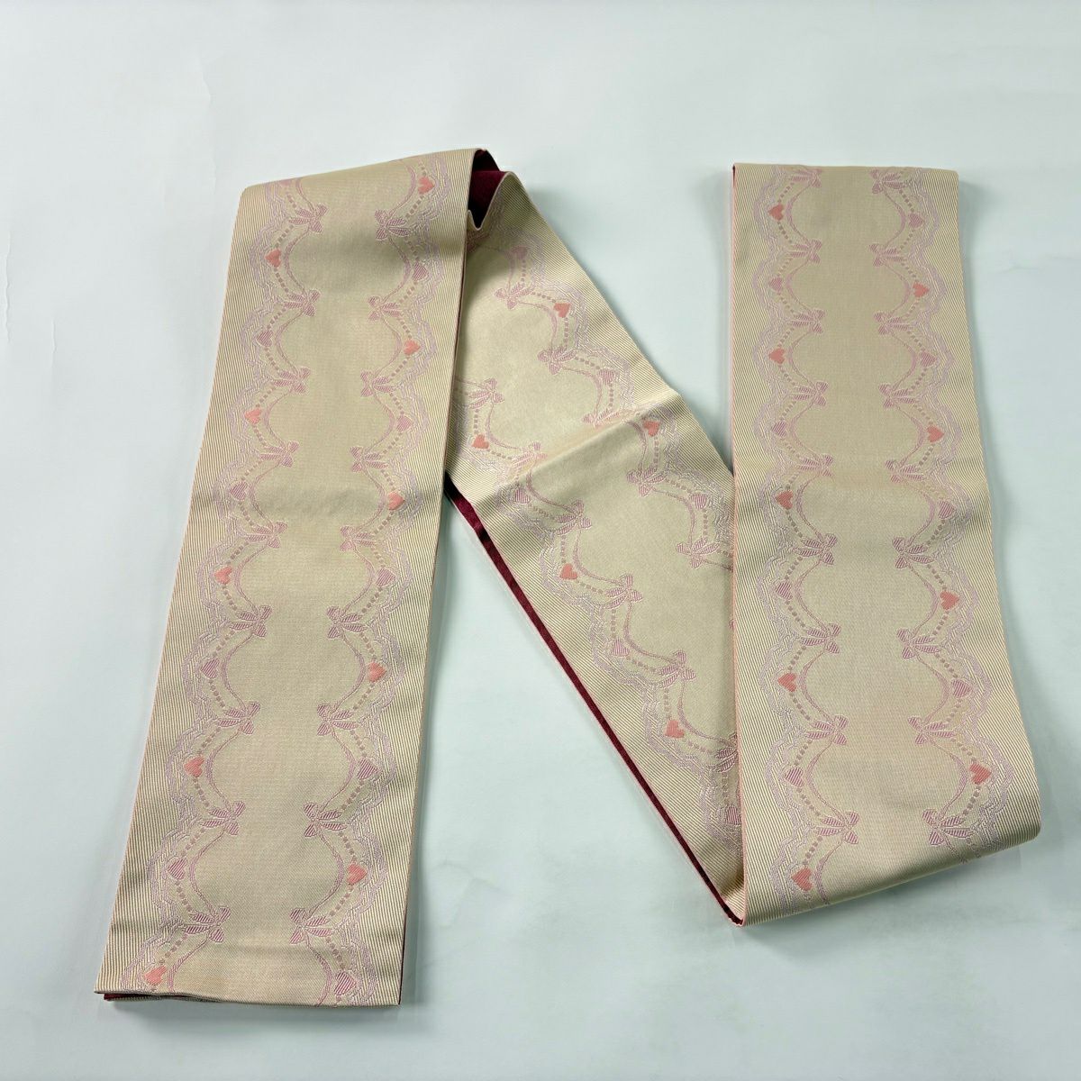 【美品】半幅帶 優品級 蝴蝶結 心形 米色 化纖