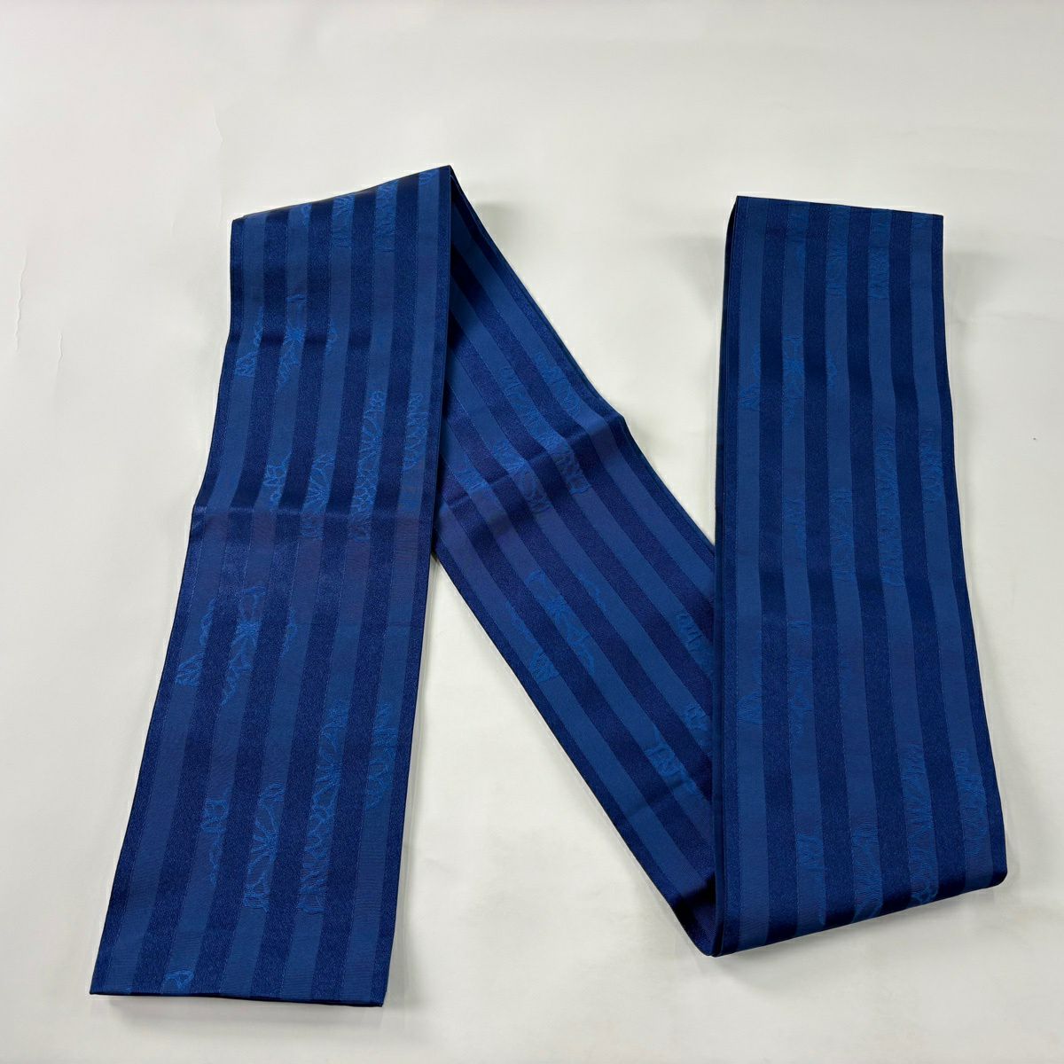 【美品】半幅帶 優品級 縞 草花紋 深藍 化纖