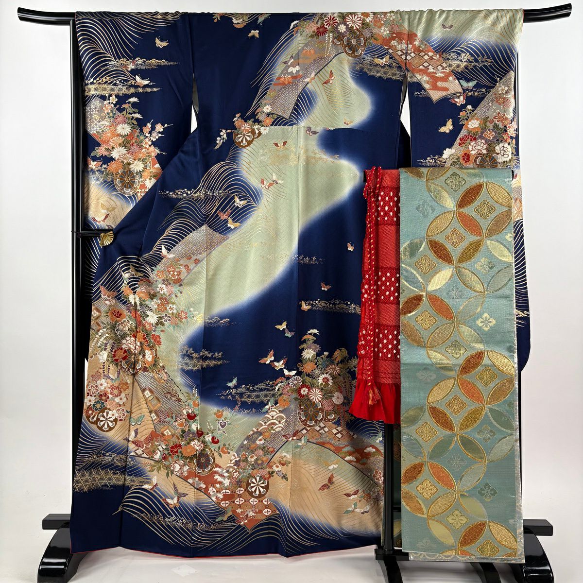 振袖禮服 身長167.5cm 袖長67.5cm L 雙層 袋帶全套 花車 蝴蝶 金銀彩 漸層 深藍 純蠶絲 優品級