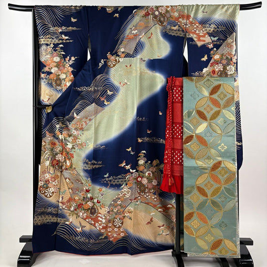 振袖禮服 身長167.5cm 袖長67.5cm L 雙層 袋帶全套 花車 蝴蝶 金銀彩 漸層 深藍 純蠶絲 優品級