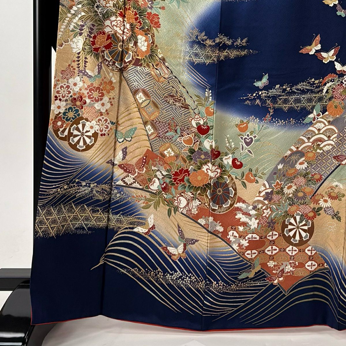 振袖禮服 身長167.5cm 袖長67.5cm L 雙層 袋帶全套 花車 蝴蝶 金銀彩 漸層 深藍 純蠶絲 優品級