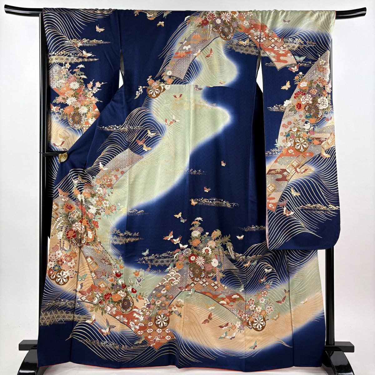 振袖禮服 身長167.5cm 袖長67.5cm L 雙層 袋帶全套 花車 蝴蝶 金銀彩 漸層 深藍 純蠶絲 優品級