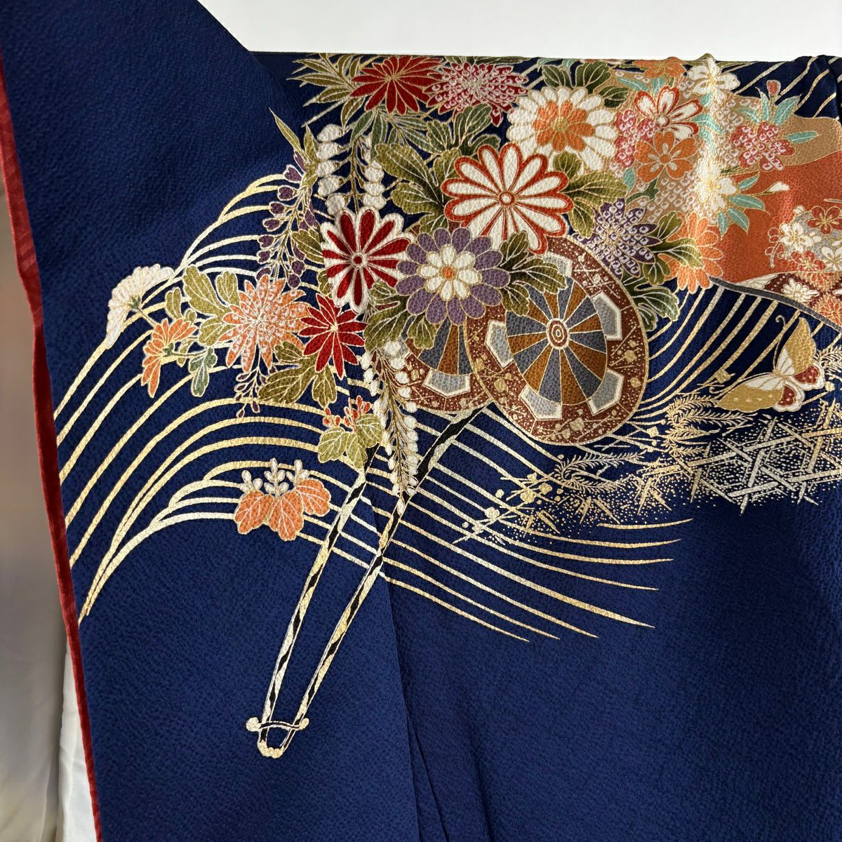 振袖禮服 身長167.5cm 袖長67.5cm L 雙層 袋帶全套 花車 蝴蝶 金銀彩 漸層 深藍 純蠶絲 優品級