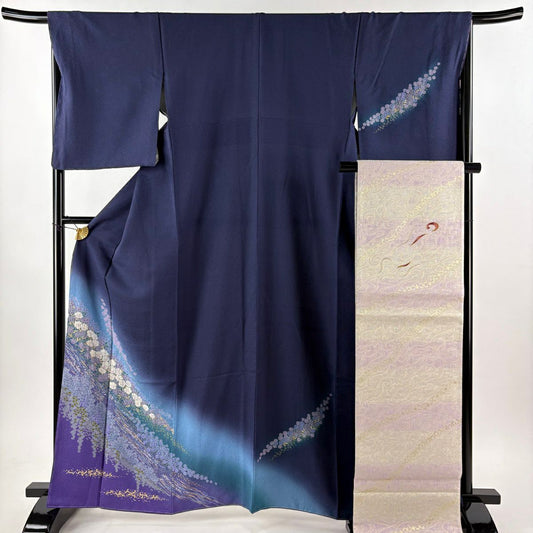 付下 身長163cm 袖長66.5cm M 雙層 袋帶套裝 大和 薔薇 建築 金銀彩 絞染 深藍 純蠶絲 優品級