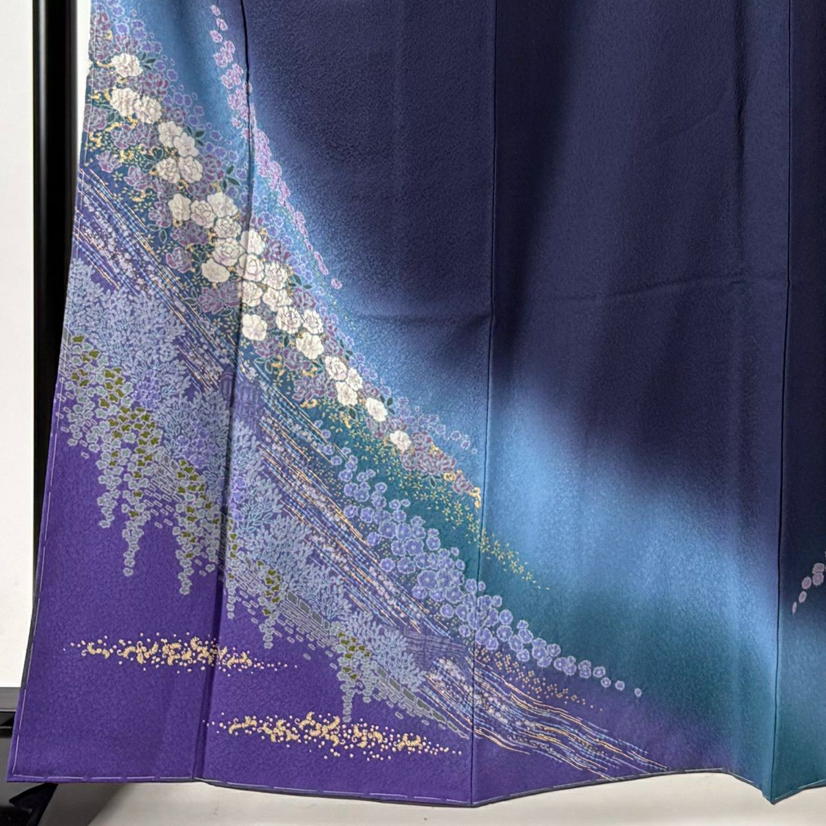 付下 身長163cm 袖長66.5cm M 雙層 袋帶套裝 大和 薔薇 建築 金銀彩 絞染 深藍 純蠶絲 優品級