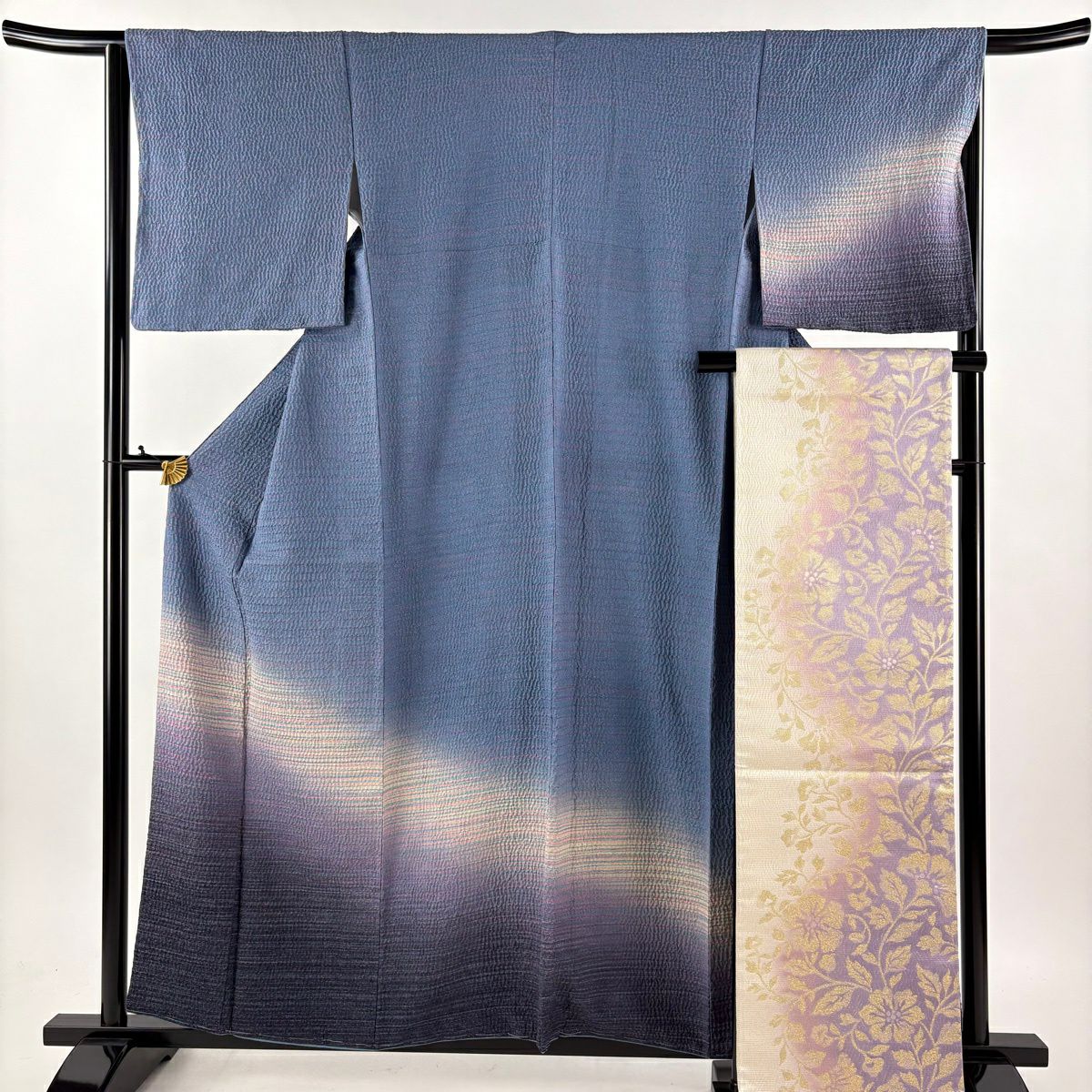 【美品】 付下 身長158cm 袖長64cm M 雙層 袋帶套裝 條紋 裾暈染 銀彩 絞染 青灰色 純蠶絲 優品級