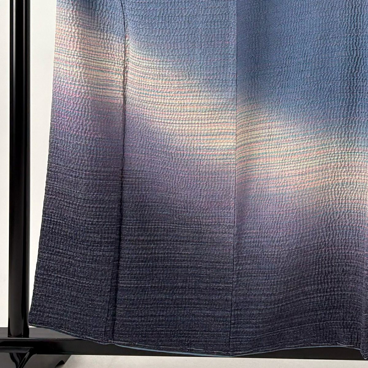 【美品】 付下 身長158cm 袖長64cm M 雙層 袋帶套裝 條紋 裾暈染 銀彩 絞染 青灰色 純蠶絲 優品級