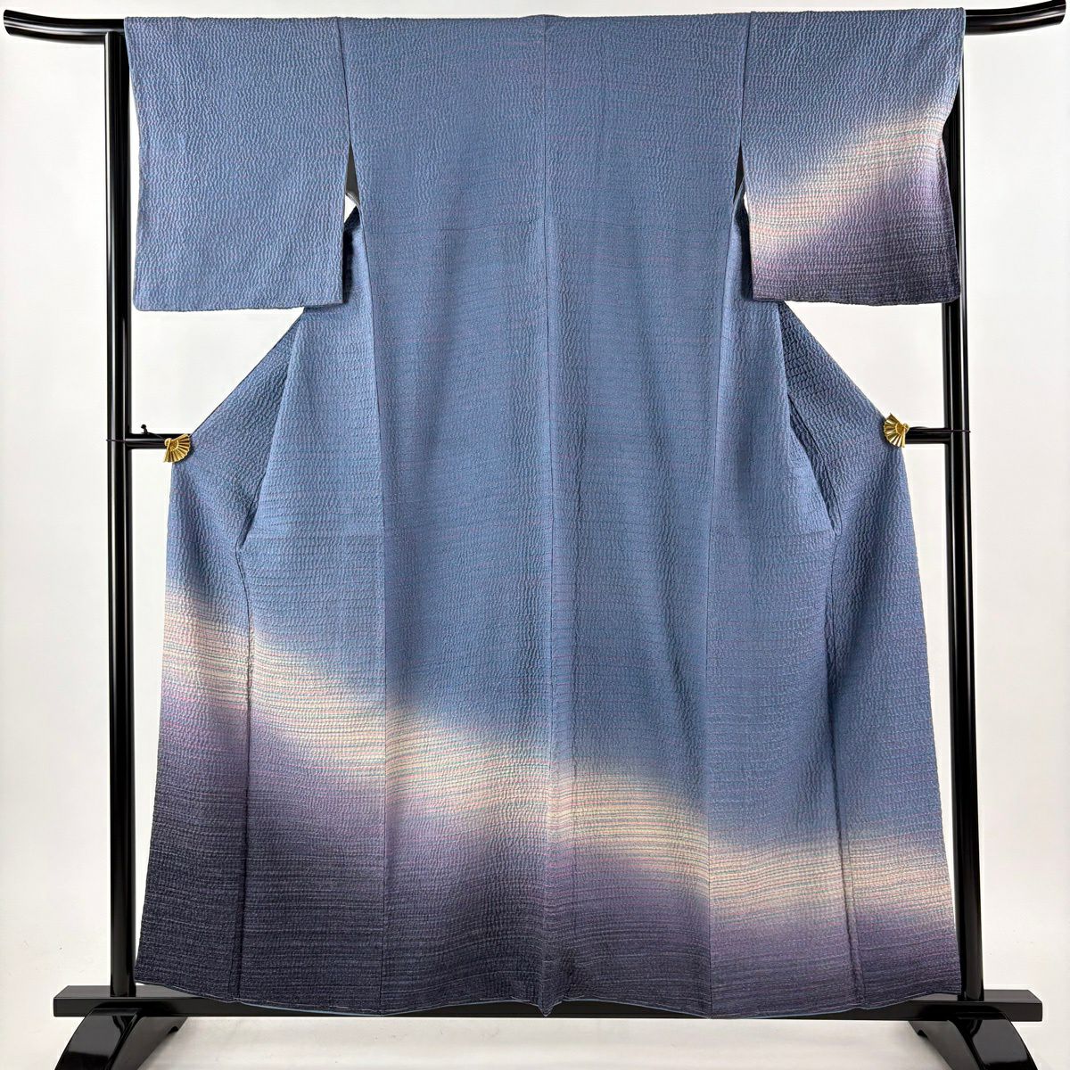 【美品】 付下 身長158cm 袖長64cm M 雙層 袋帶套裝 條紋 裾暈染 銀彩 絞染 青灰色 純蠶絲 優品級