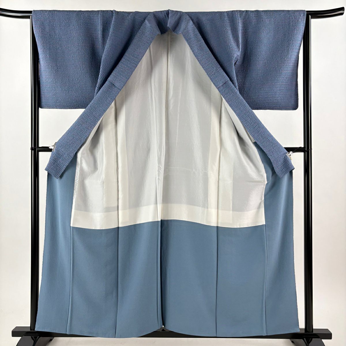 【美品】 付下 身長158cm 袖長64cm M 雙層 袋帶套裝 條紋 裾暈染 銀彩 絞染 青灰色 純蠶絲 優品級
