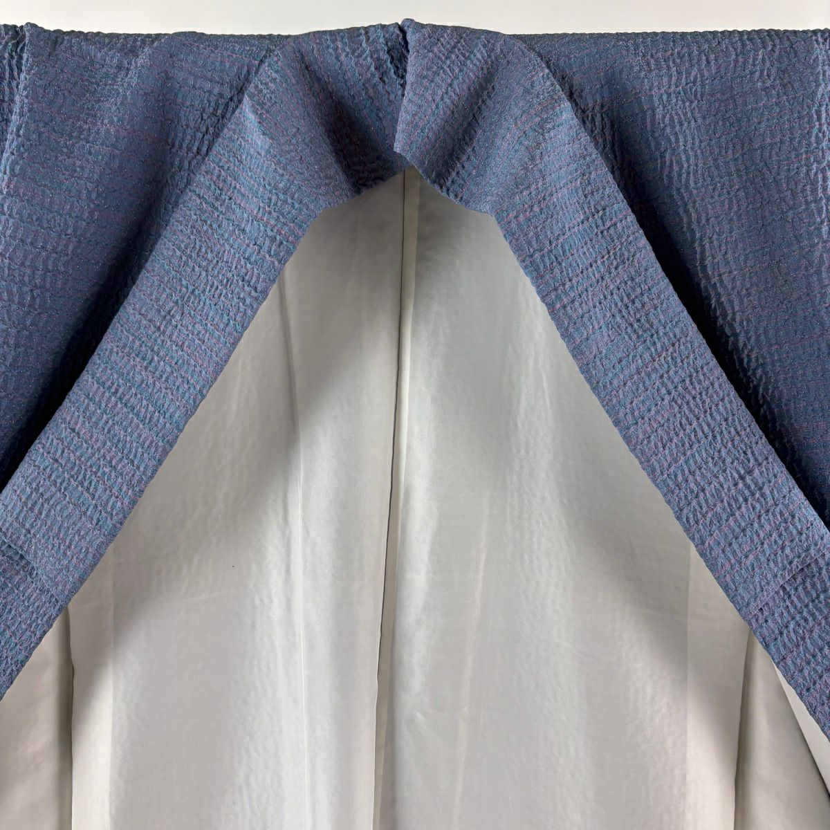 【美品】 付下 身長158cm 袖長64cm M 雙層 袋帶套裝 條紋 裾暈染 銀彩 絞染 青灰色 純蠶絲 優品級