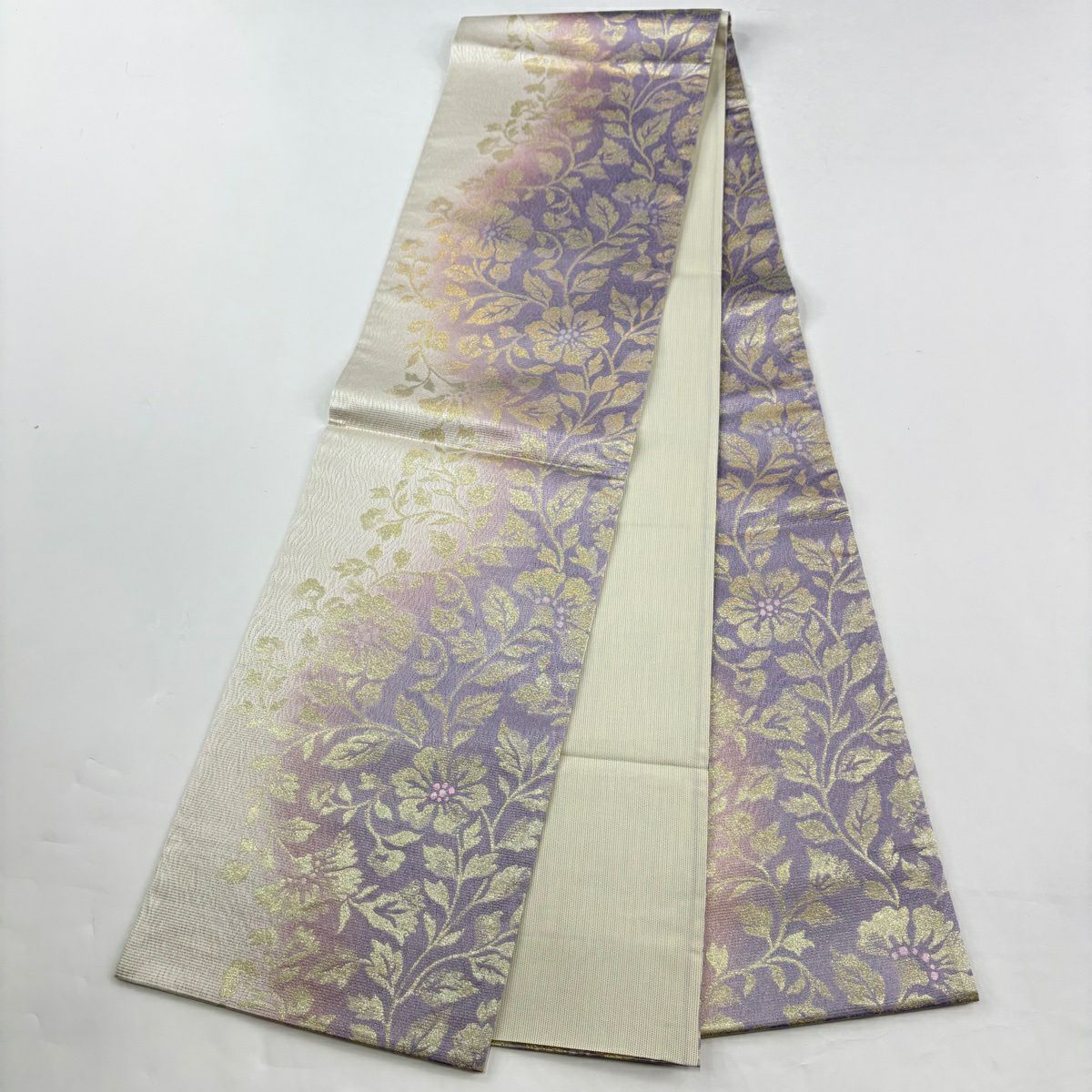 【美品】 付下 身長158cm 袖長64cm M 雙層 袋帶套裝 條紋 裾暈染 銀彩 絞染 青灰色 純蠶絲 優品級