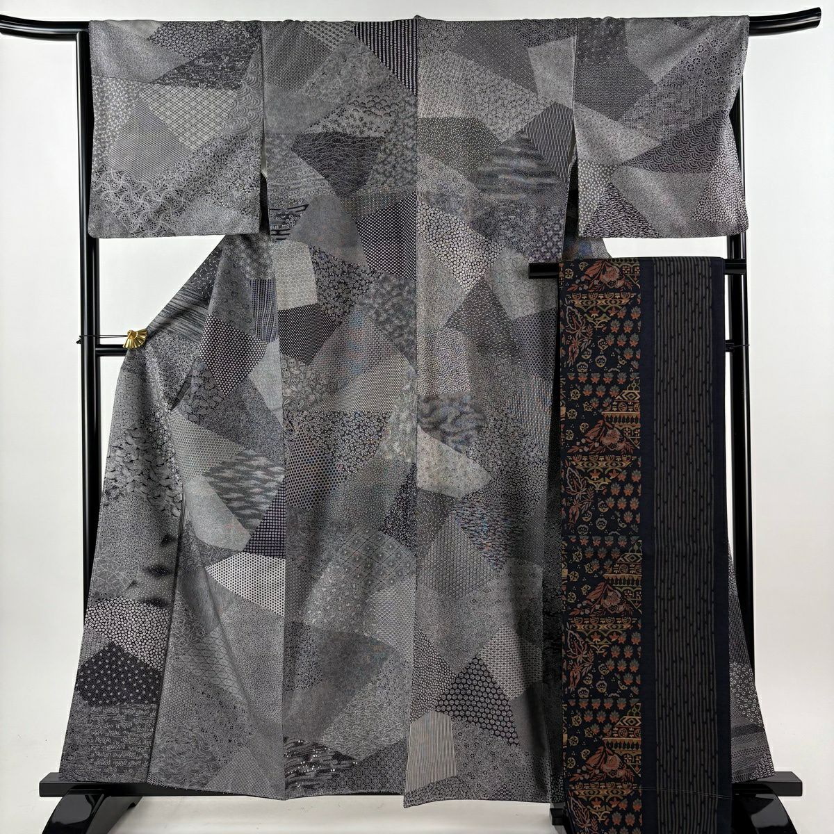 【美品】 江戶小紋 身長160cm 袖長65.5cm M 雙層 袋帶套裝 紬織織 小花 江戶小紋圖案 黑 純蠶絲 優品級