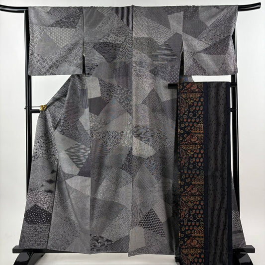【美品】 江戶小紋 身長160cm 袖長65.5cm M 雙層 袋帶套裝 紬織織 小花 江戶小紋圖案 黑 純蠶絲 優品級