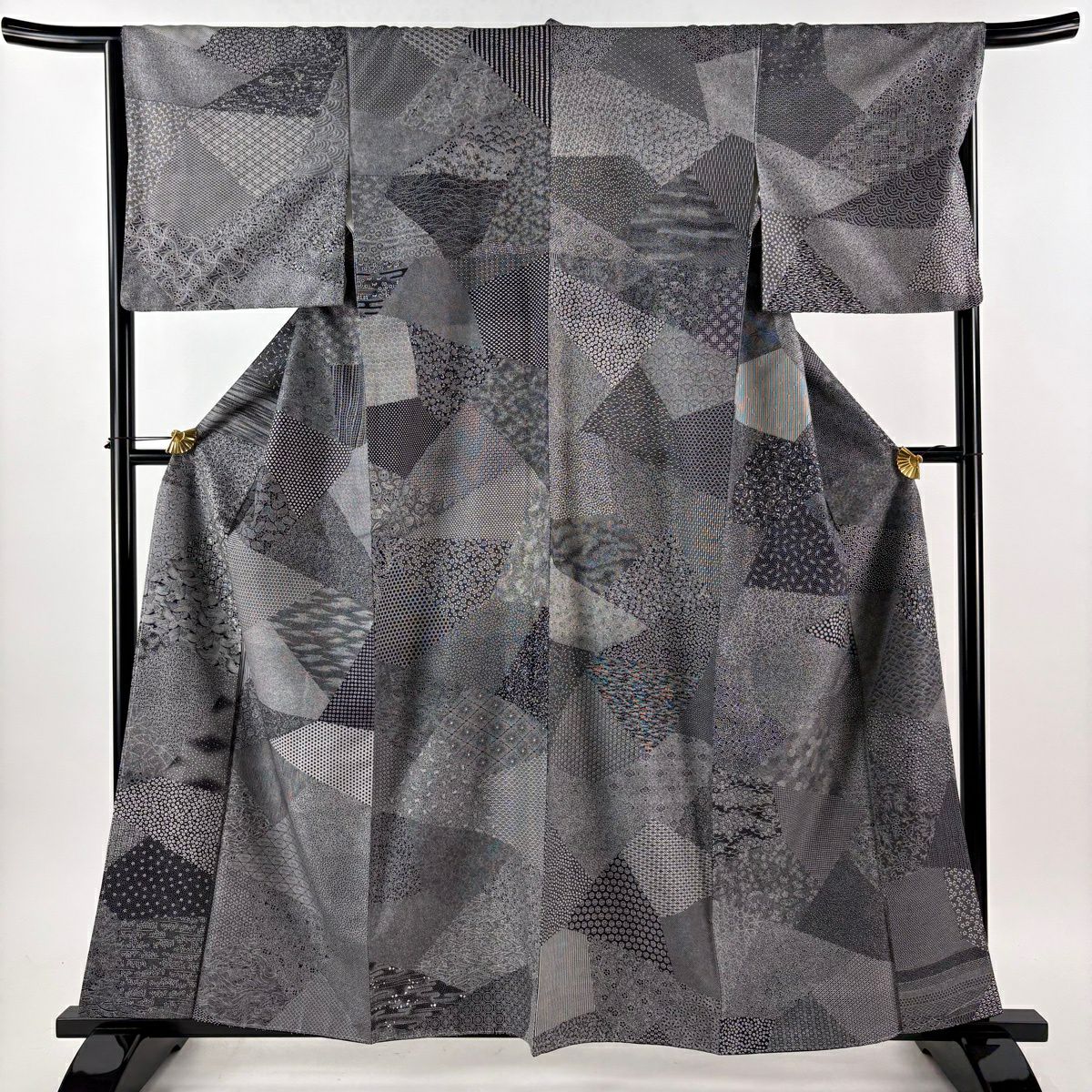 【美品】 江戶小紋 身長160cm 袖長65.5cm M 雙層 袋帶套裝 紬織織 小花 江戶小紋圖案 黑 純蠶絲 優品級