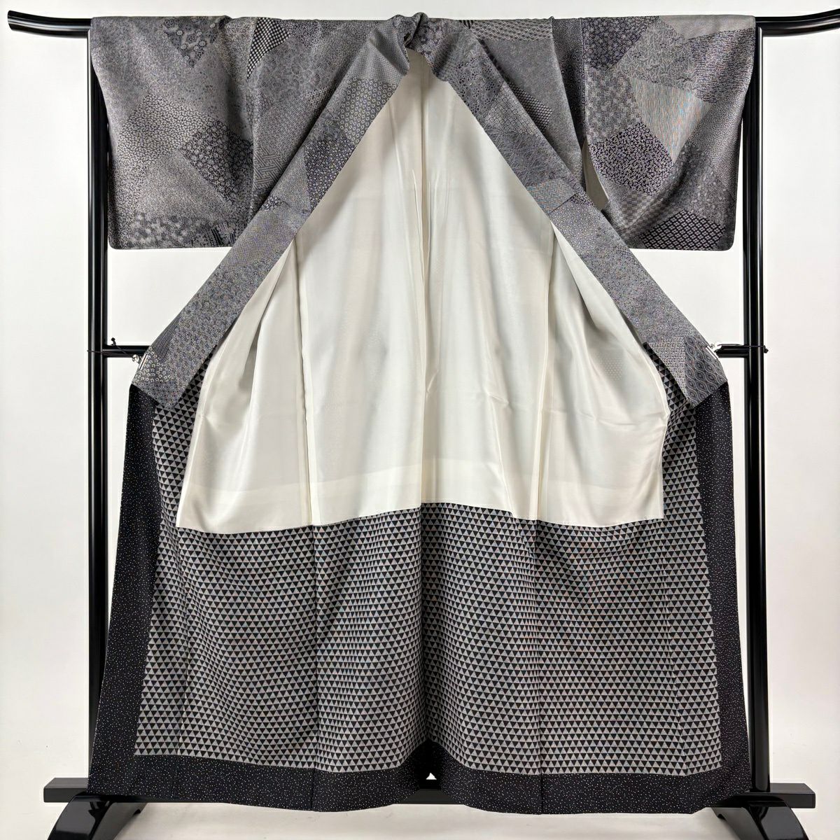 【美品】 江戶小紋 身長160cm 袖長65.5cm M 雙層 袋帶套裝 紬織織 小花 江戶小紋圖案 黑 純蠶絲 優品級
