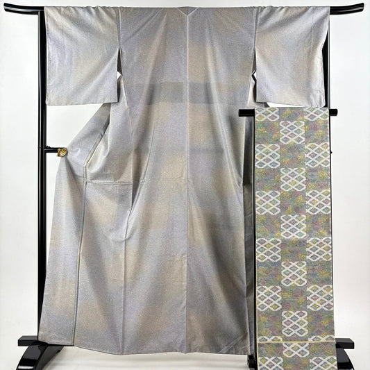 【美品】 小紋 身長162.5cm 袖長65cm M 雙層 袋帶套裝 紬織織 幾何圖案 漸層圖案 灰紫 純蠶絲 優品級