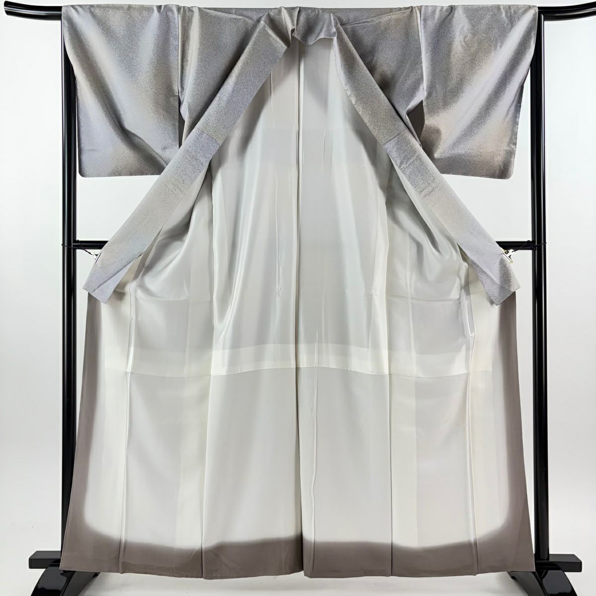 【美品】 小紋 身長162.5cm 袖長65cm M 雙層 袋帶套裝 紬織織 幾何圖案 漸層圖案 灰紫 純蠶絲 優品級