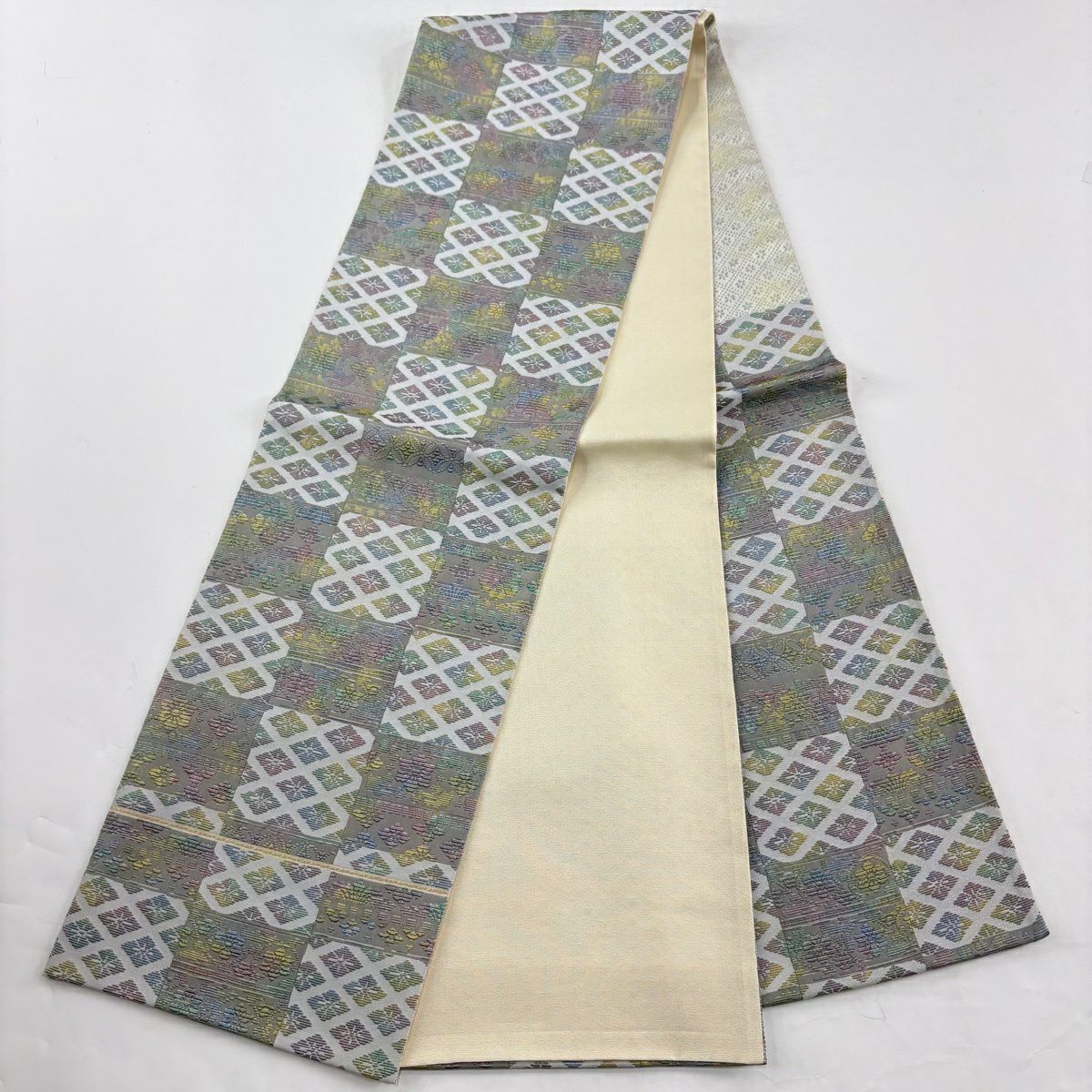 【美品】 小紋 身長162.5cm 袖長65cm M 雙層 袋帶套裝 紬織織 幾何圖案 漸層圖案 灰紫 純蠶絲 優品級