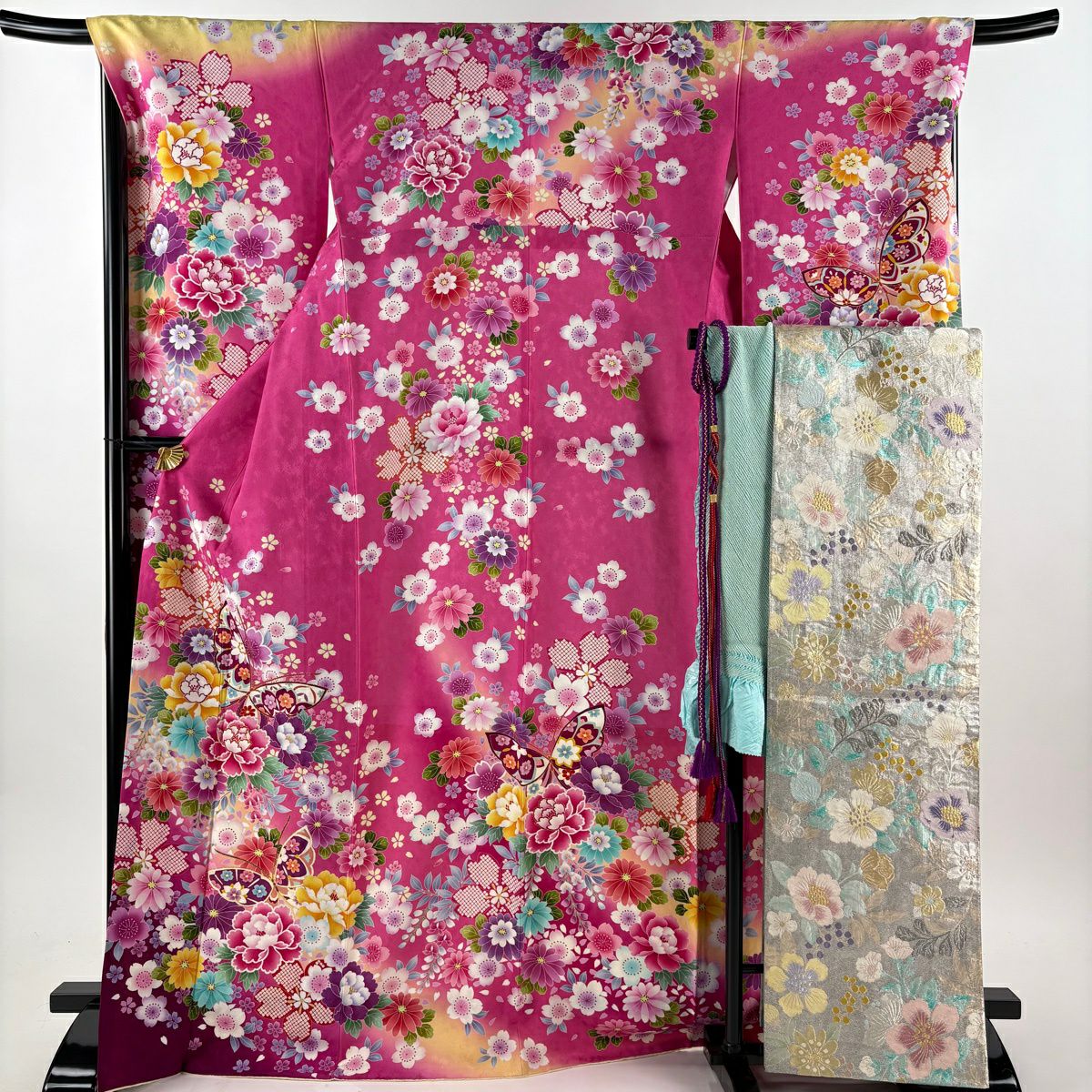 【美品】振袖禮服 身長169.5cm 袖長69cm L 雙層 袋帶全套 蝴蝶 牡丹 閃亮 深粉色 純蠶絲 名品級