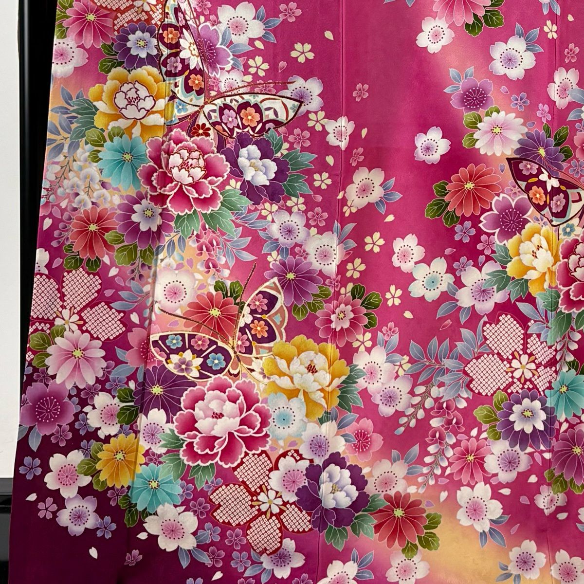 【美品】振袖禮服 身長169.5cm 袖長69cm L 雙層 袋帶全套 蝴蝶 牡丹 閃亮 深粉色 純蠶絲 名品級