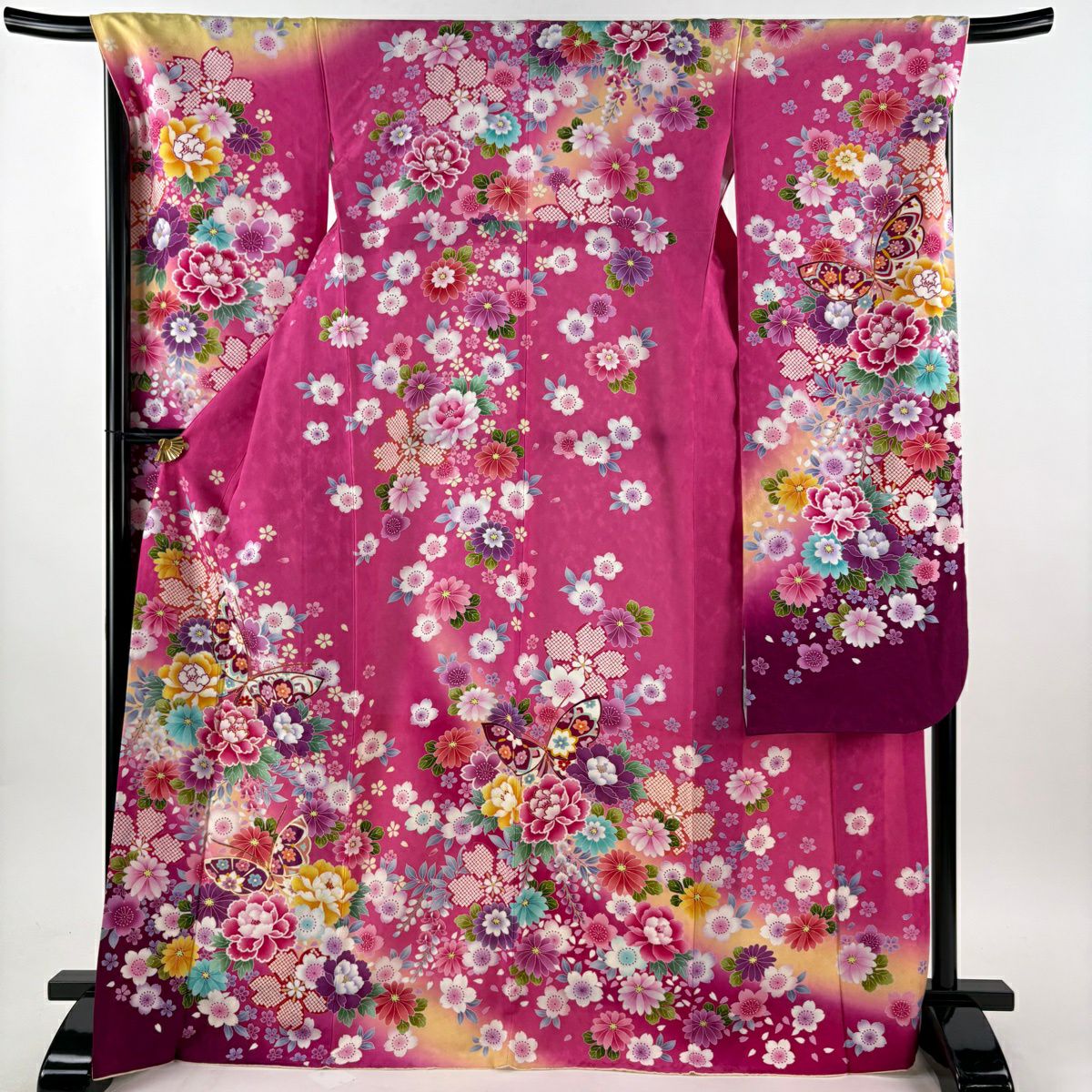 【美品】振袖禮服 身長169.5cm 袖長69cm L 雙層 袋帶全套 蝴蝶 牡丹 閃亮 深粉色 純蠶絲 名品級