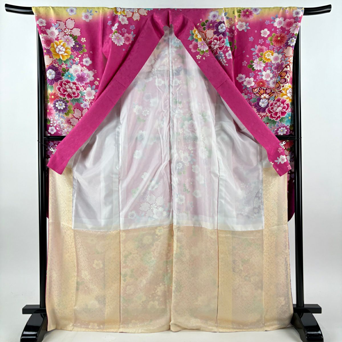 【美品】振袖禮服 身長169.5cm 袖長69cm L 雙層 袋帶全套 蝴蝶 牡丹 閃亮 深粉色 純蠶絲 名品級