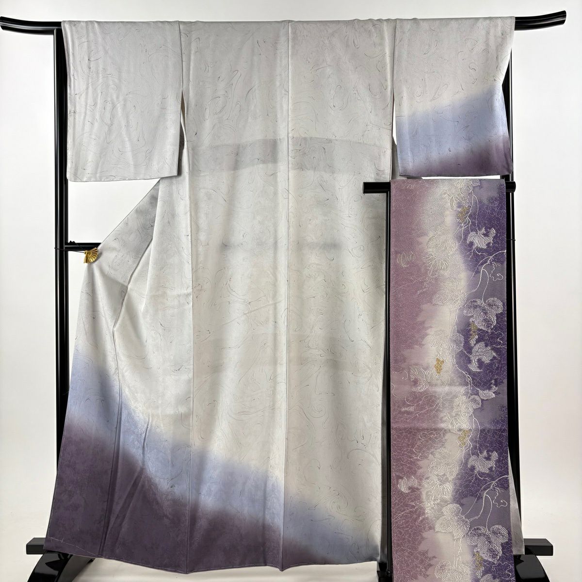付下 身長162cm 袖長67cm M 雙層 袋帶套裝 墨流染 分色 漸層 灰色 純蠶絲 名品級