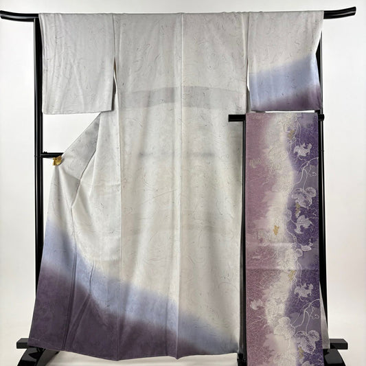 付下 身長162cm 袖長67cm M 雙層 袋帶套裝 墨流染 分色 漸層 灰色 純蠶絲 名品級