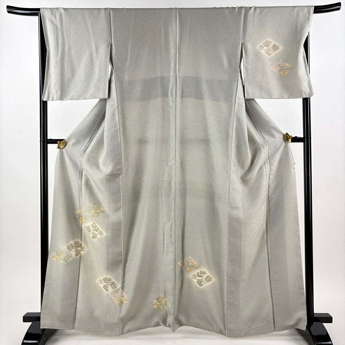 付下 身長164cm 袖長67.5cm L 雙層 若松樹 菱 金銀彩 漸層 灰綠 純蠶絲 優品級