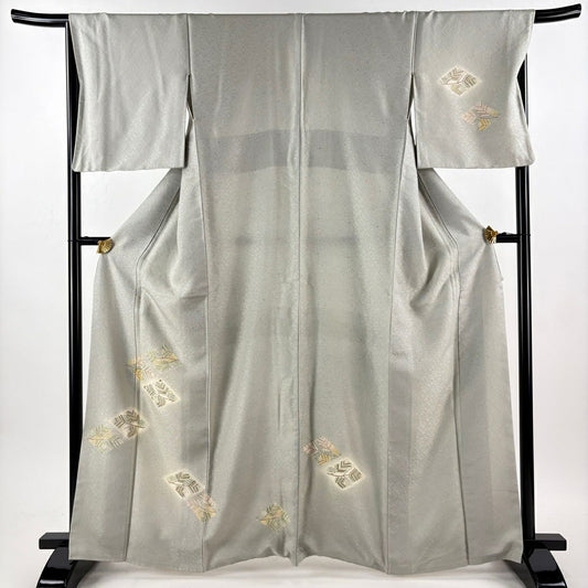 付下 身長164cm 袖長67.5cm L 雙層 若松樹 菱 金銀彩 漸層 灰綠 純蠶絲 優品級