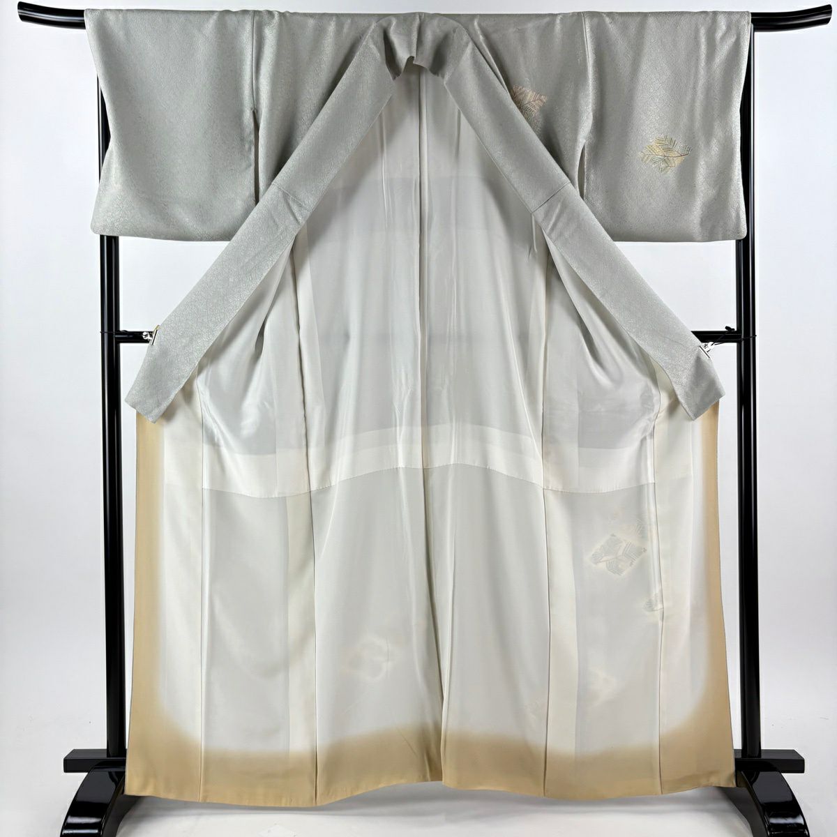 付下 身長164cm 袖長67.5cm L 雙層 若松樹 菱 金銀彩 漸層 灰綠 純蠶絲 優品級