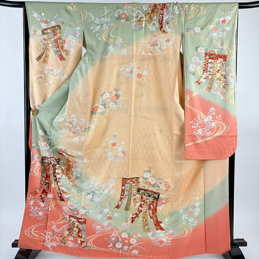 振袖禮服 身長166cm 袖長66.5cm M 雙層 幾帳 草花紋紋 金彩裝飾 染分 薄綠 純蠶絲 秀品級