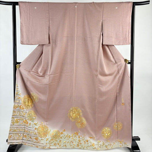 色留袖禮服 身長168cm 袖長62cm S 雙層 堀省平 落款 花唐草紋 花鳥 金銀彩 漸層 薄小豆 純蠶絲 秀品級 五つ紋