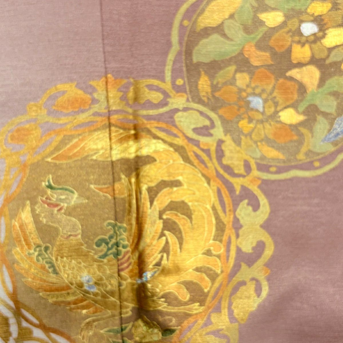 色留袖禮服 身長168cm 袖長62cm S 雙層 堀省平 落款 花唐草紋 花鳥 金銀彩 漸層 薄小豆 純蠶絲 秀品級 五つ紋