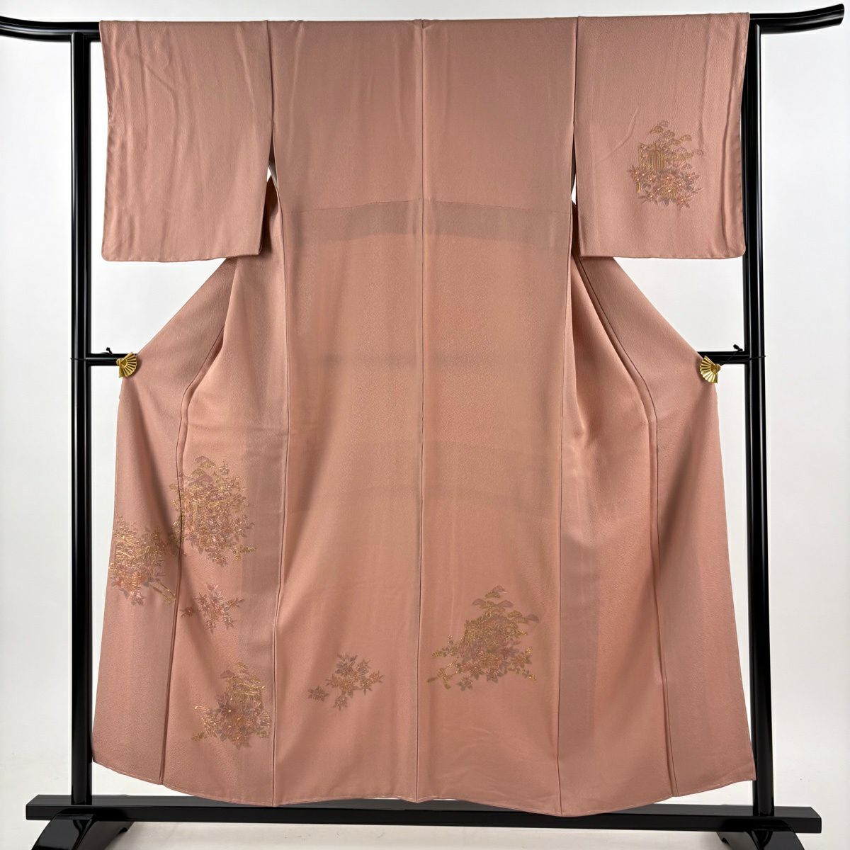 【美品】 付下 身長156cm 袖長62.5cm S 雙層 證書附帶 御所車 草花紋紋 金彩裝飾 刺繡 粉米色 純蠶絲 秀品級