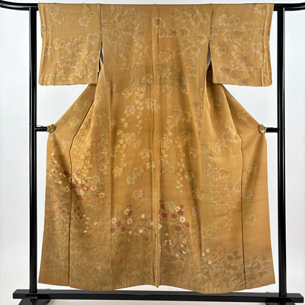 訪問服 身長153cm 袖長61cm S 雙層 草花紋紋 金彩裝飾 茶 純蠶絲 秀品級