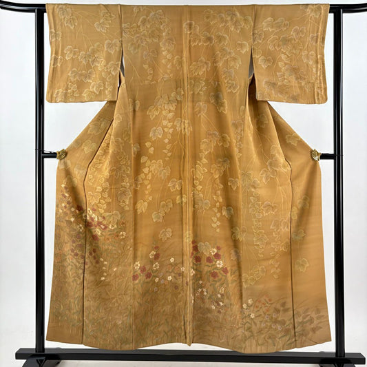 訪問服 身長153cm 袖長61cm S 雙層 草花紋紋 金彩裝飾 茶 純蠶絲 秀品級