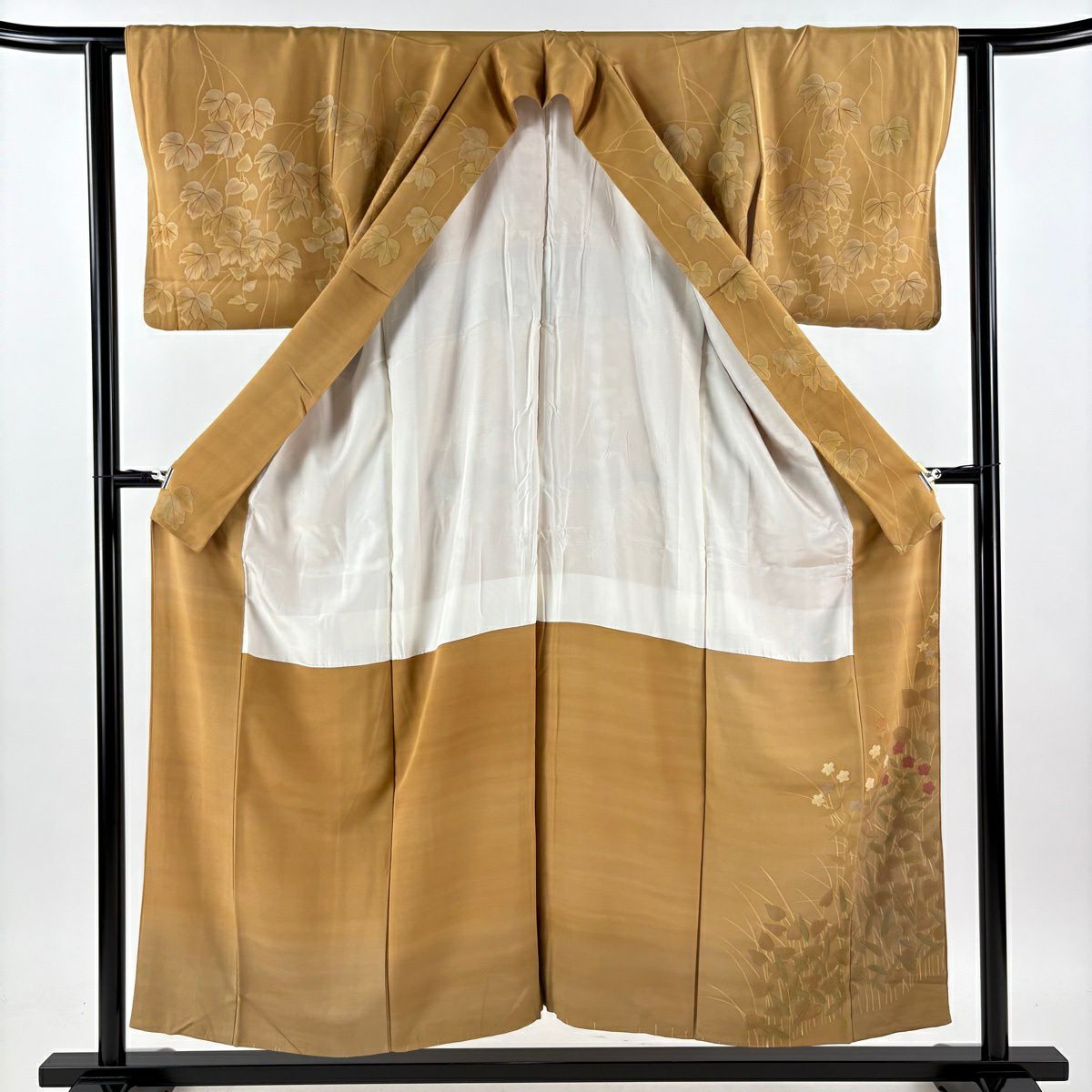 訪問服 身長153cm 袖長61cm S 雙層 草花紋紋 金彩裝飾 茶 純蠶絲 秀品級