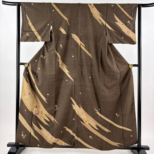 訪問服 身長159.5cm 袖長62cm S 雙層 紬織織 草花紋紋 霞 金糸刺繡 焦茶 純蠶絲 秀品級